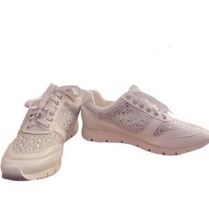 White Silver embellished Lace-Up fashion sneakers encrusted Crystals women 7